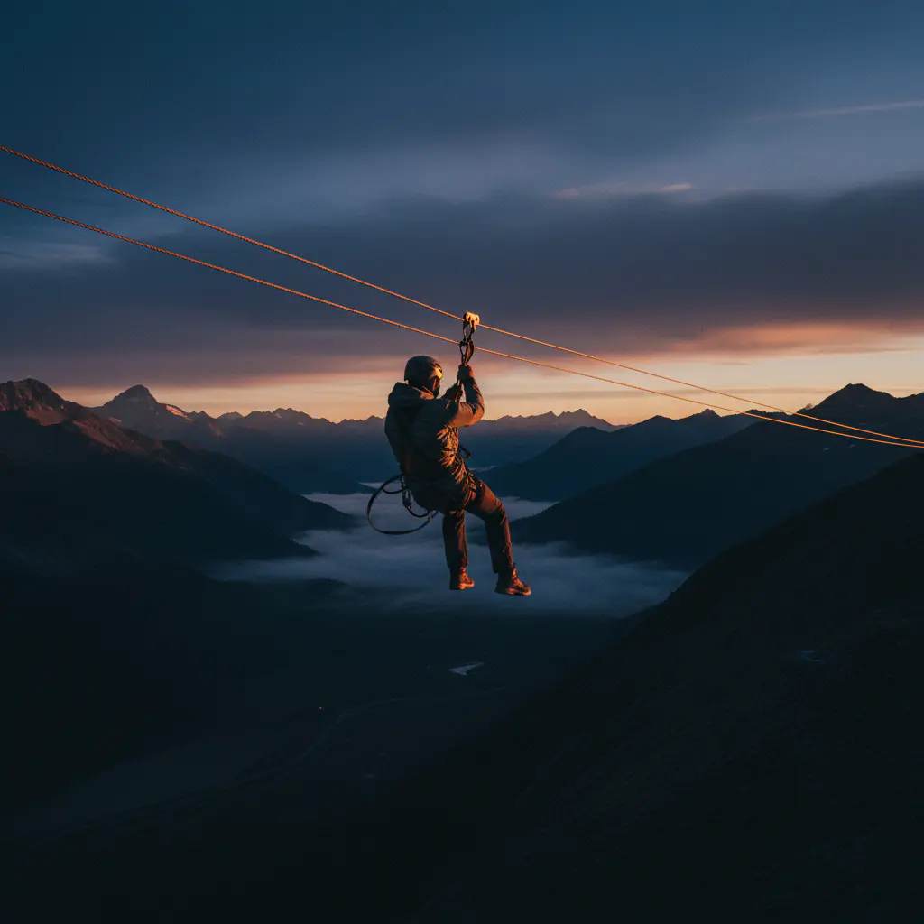 Person flying down a high-altitude zip line