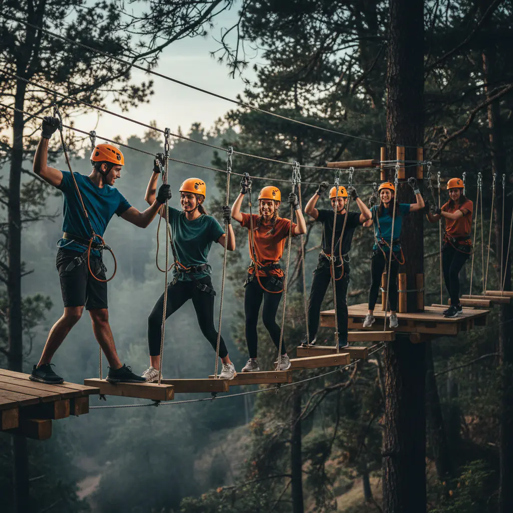 Group of friends navigating a high ropes course