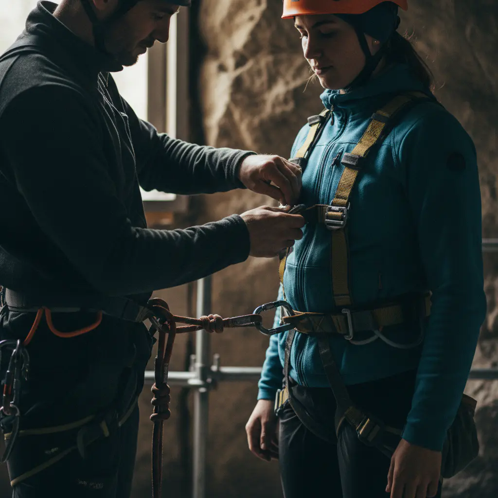 Guide checking safety harness on a participant